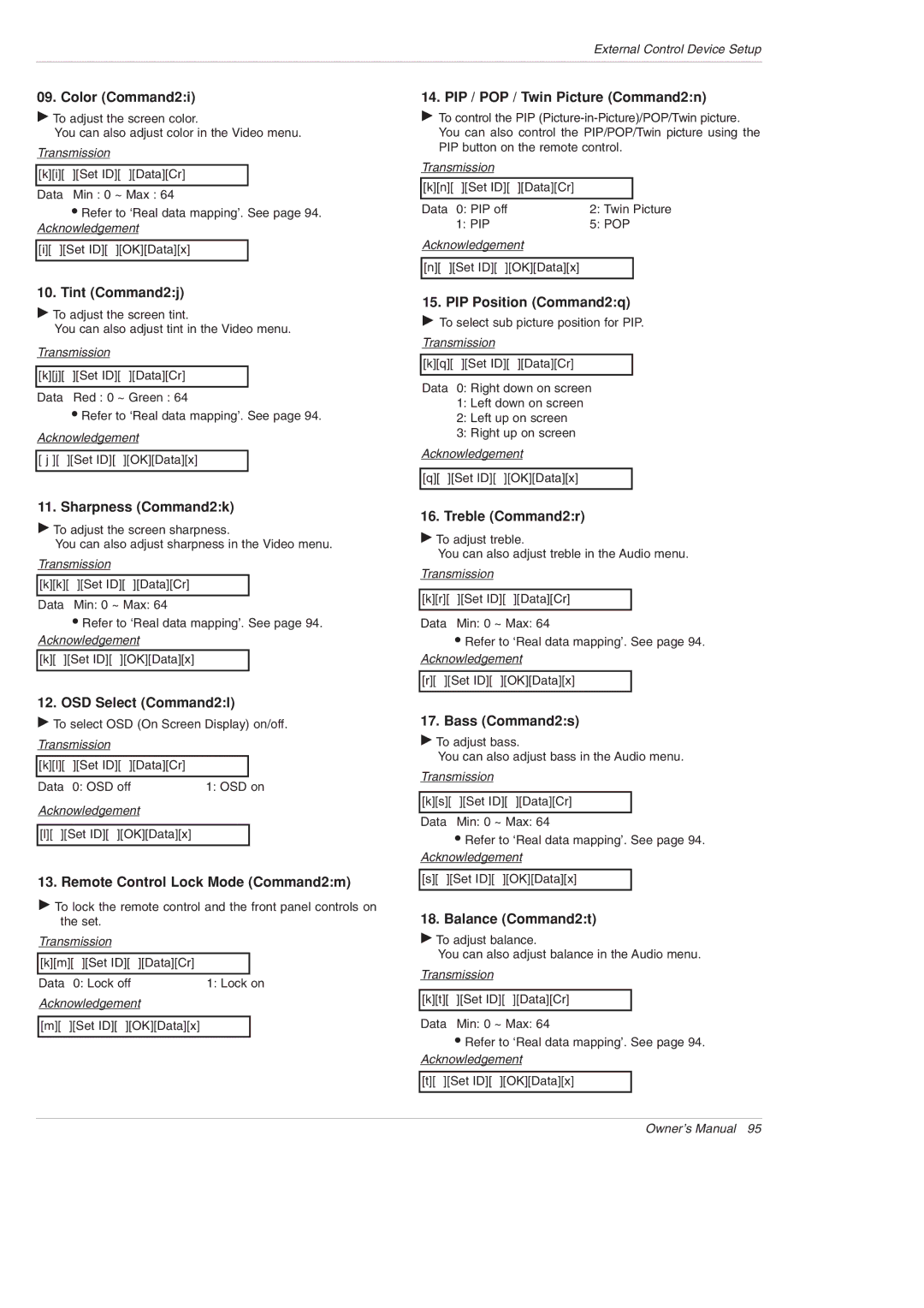 LG Electronics 50PX5D Color Command2i, Tint Command2j, Sharpness Command2k, OSD Select Command2l, PIP Position Command2q 