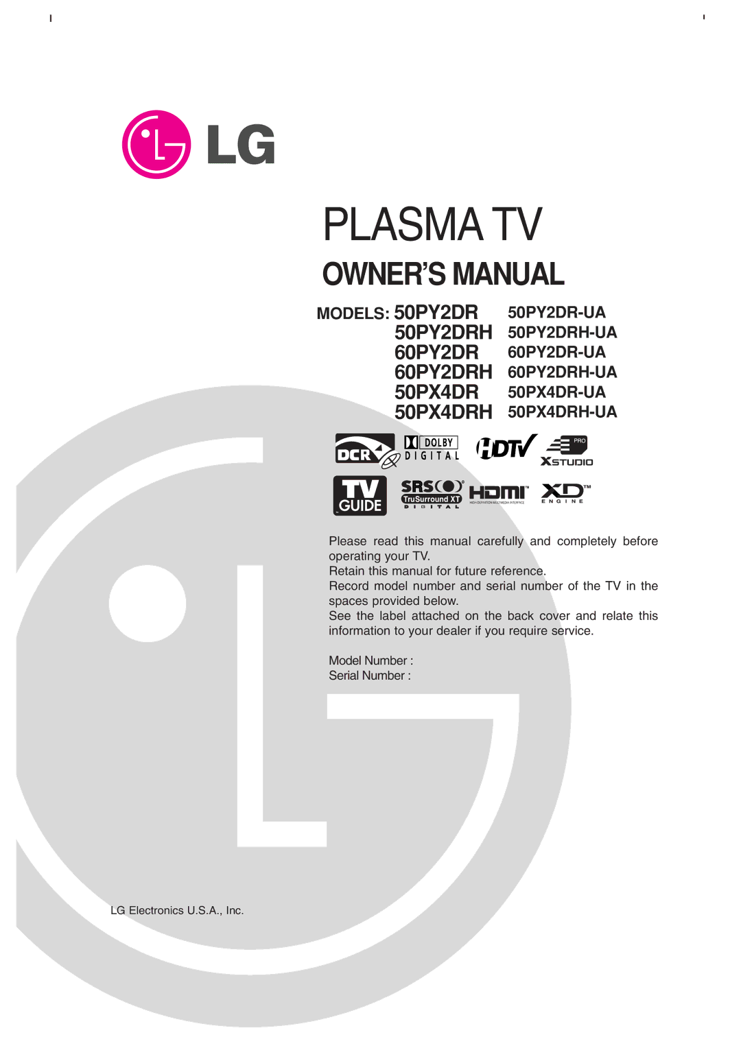 LG Electronics 50PY2DRH-UA, 50PX4DRH-UA, 60PY2DRH-UA owner manual Plasma TV, LG Electronics U.S.A., Inc 