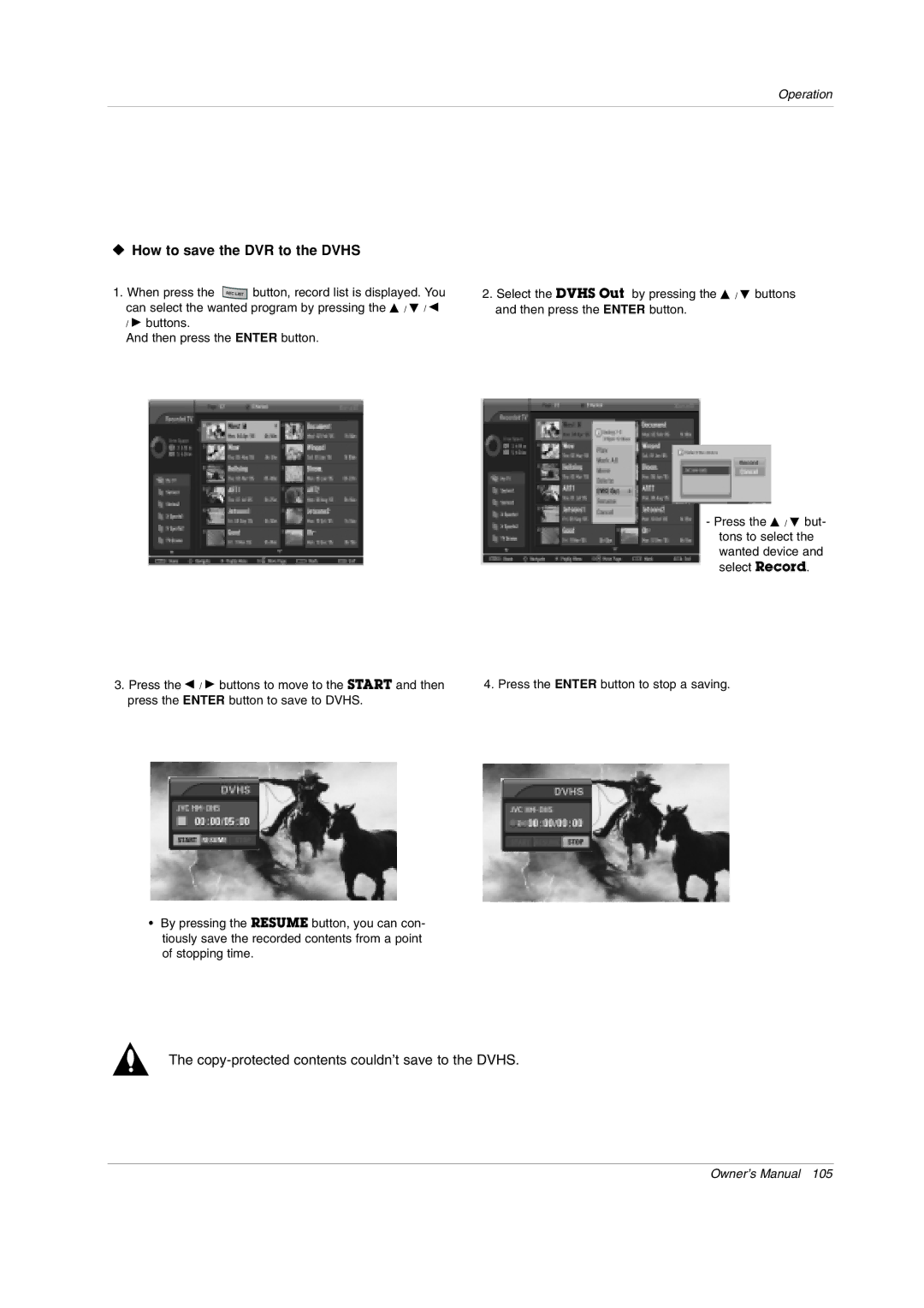 LG Electronics 50PX4DRH-UA, 50PY2DRH WV How to save the DVR to the Dvhs, Copy-protected contents couldn’t save to the Dvhs 