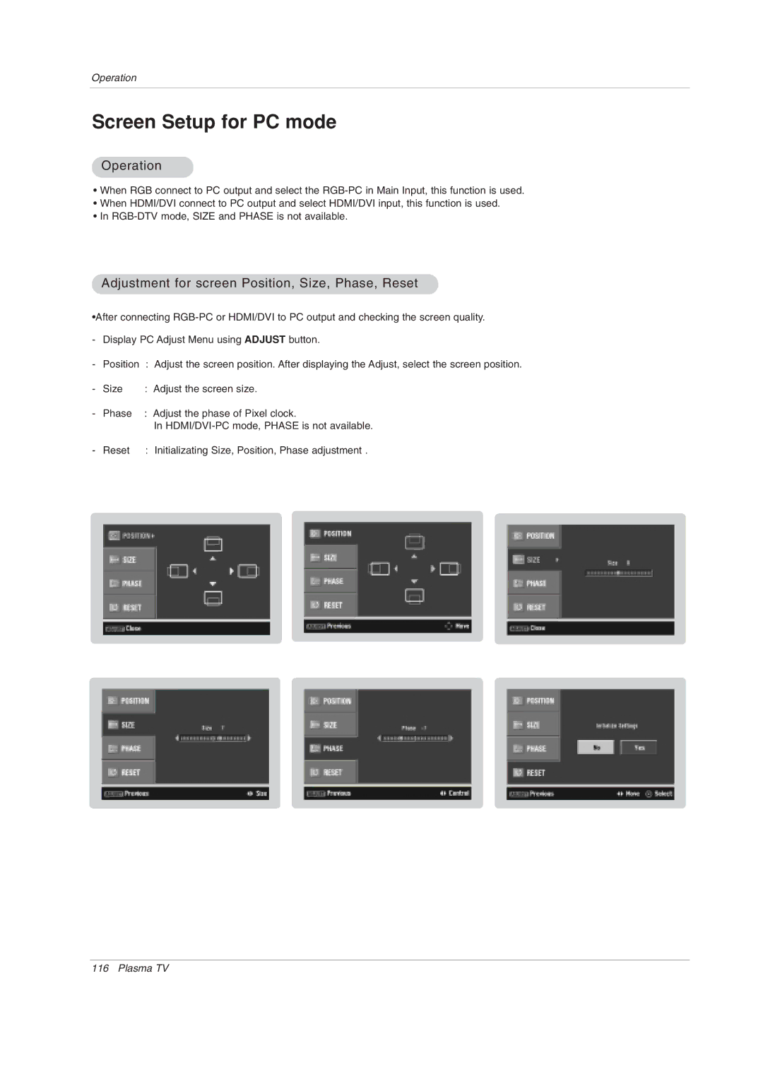 LG Electronics 50PY2DRH-UA, 50PX4DRH-UA, 60PY2DRH-UA Operation, Adjustment for screen Position, Size, Phase, Reset 