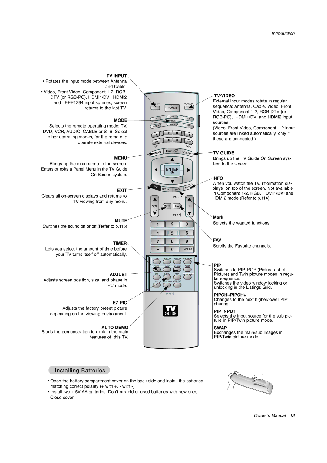 LG Electronics 50PY2DRH-UA, 50PX4DRH-UA, 60PY2DRH-UA owner manual Installing Batteries, Mark 