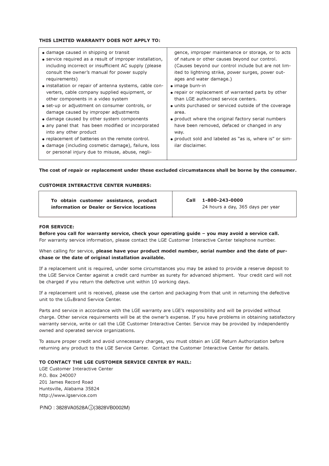 LG Electronics 50PY2DRH-UA, 50PX4DRH-UA, 60PY2DRH No 3828VA0528A i 3828VB0002M, This Limited Warranty does not Apply to 