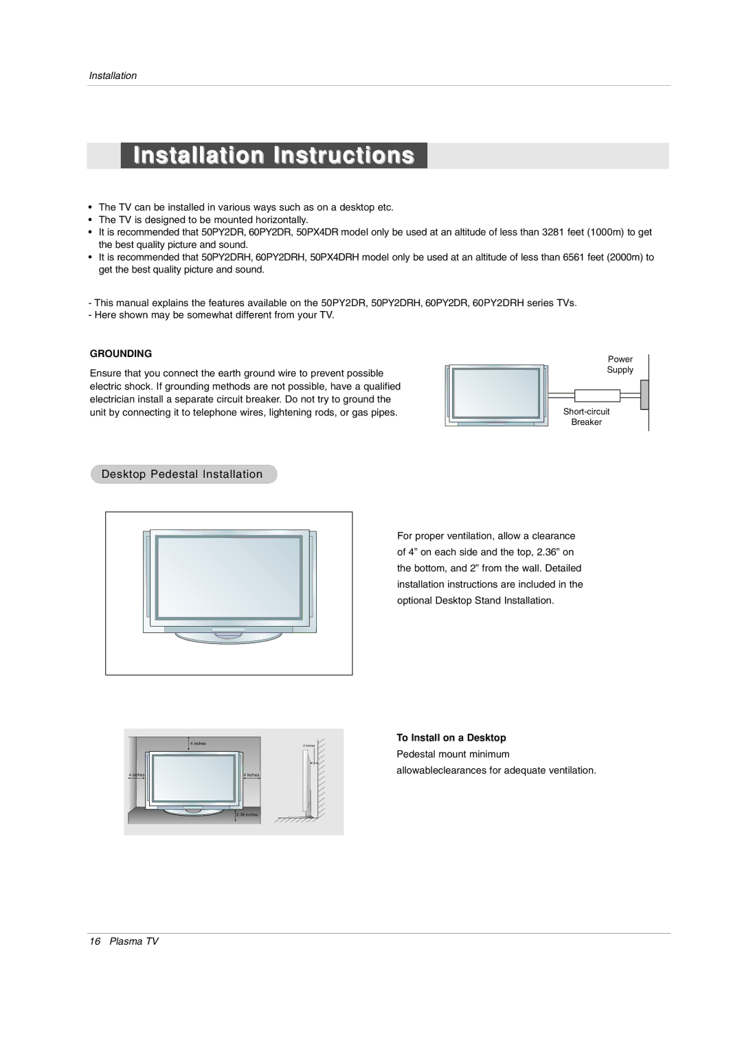 LG Electronics 60PY2DRH-UA, 50PY2DRH-UA, 50PX4DRH-UA owner manual Desktop Pedestal Installation, To Install on a Desktop 