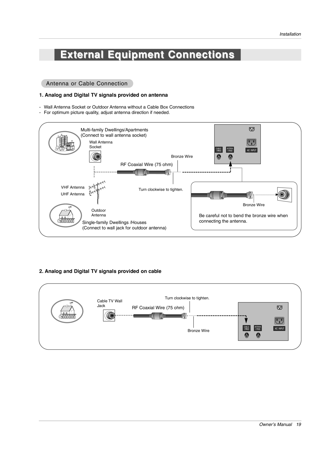 LG Electronics 50PY2DRH-UA, 50PX4DRH-UA, 60PY2DRH-UA External Equipment Connections, Antenna or Cable Connection 