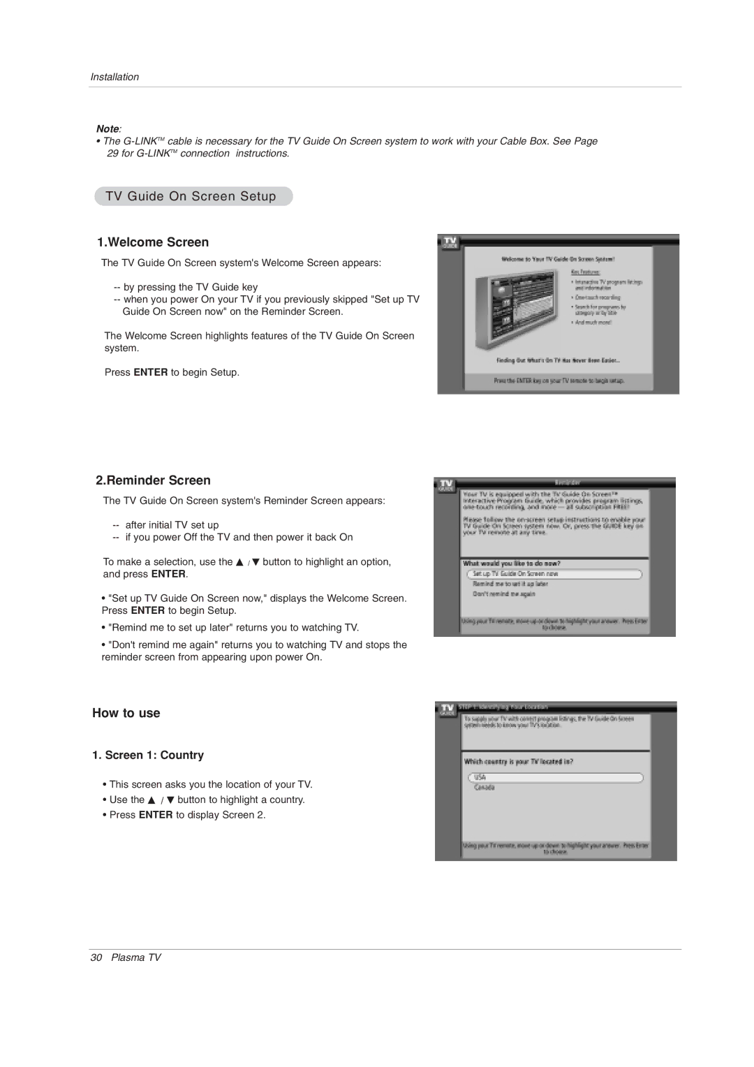 LG Electronics 50PY2DRH-UA, 50PX4DRH-UA, 60PY2DRH-UA owner manual TV Guide On Screen Setup, Screen 1 Country 