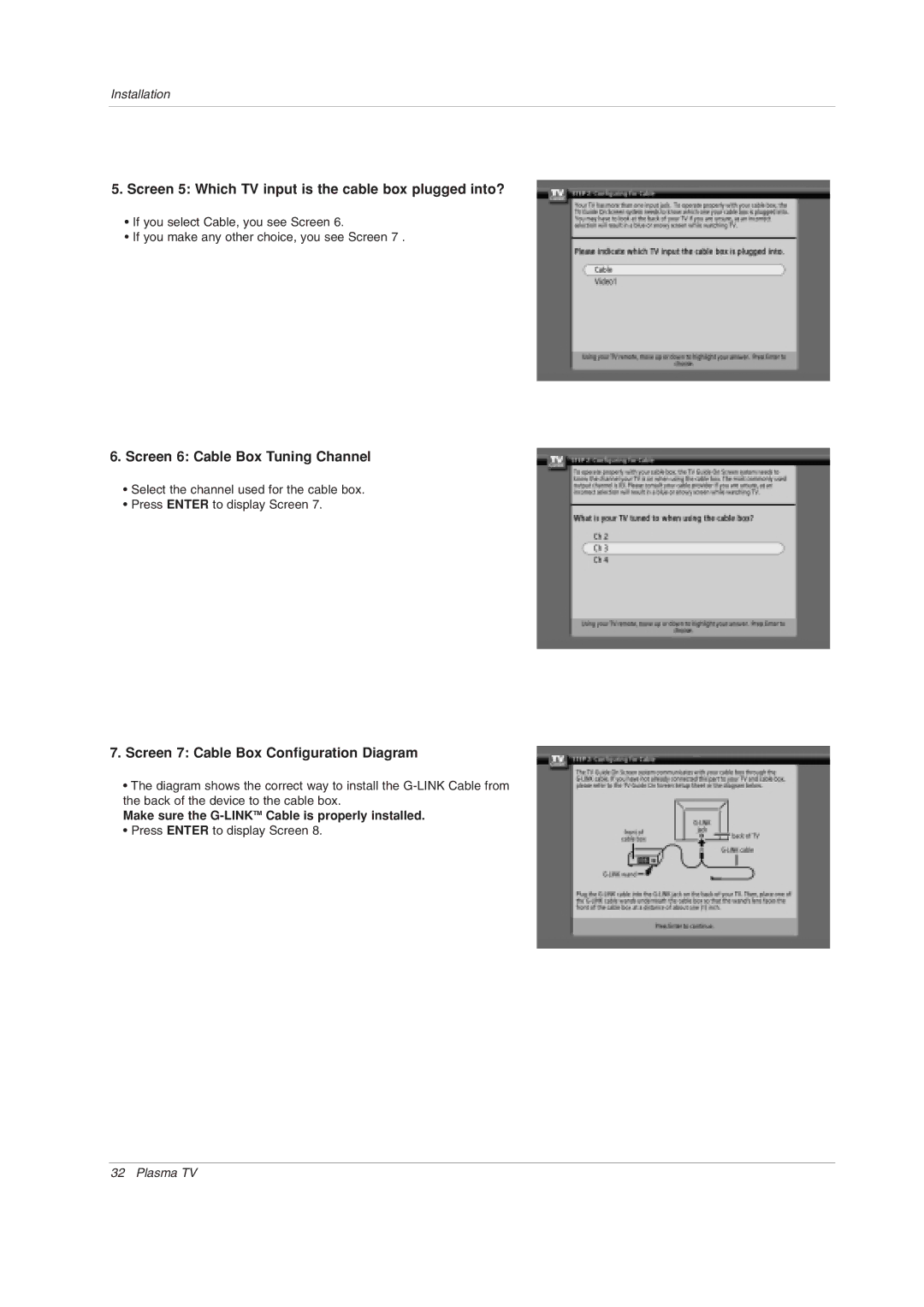 LG Electronics 50PX4DRH Screen 5 Which TV input is the cable box plugged into?, Screen 6 Cable Box Tuning Channel 