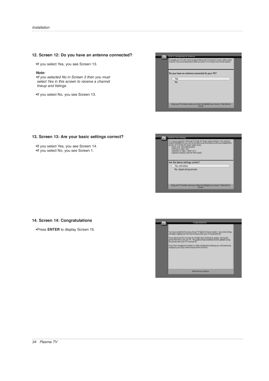 LG Electronics 60PY2DRH-UA Screen 12 Do you have an antenna connected?, Screen 13 Are your basic settings correct? 