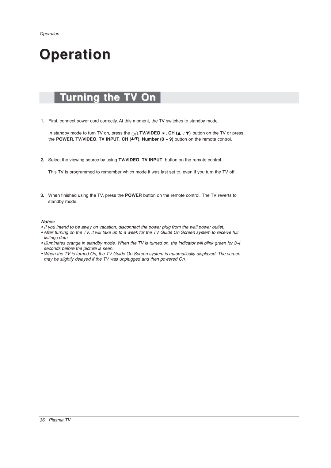 LG Electronics 50PY2DRH-UA, 50PX4DRH-UA, 60PY2DRH-UA owner manual Operation, Turning the TV On 