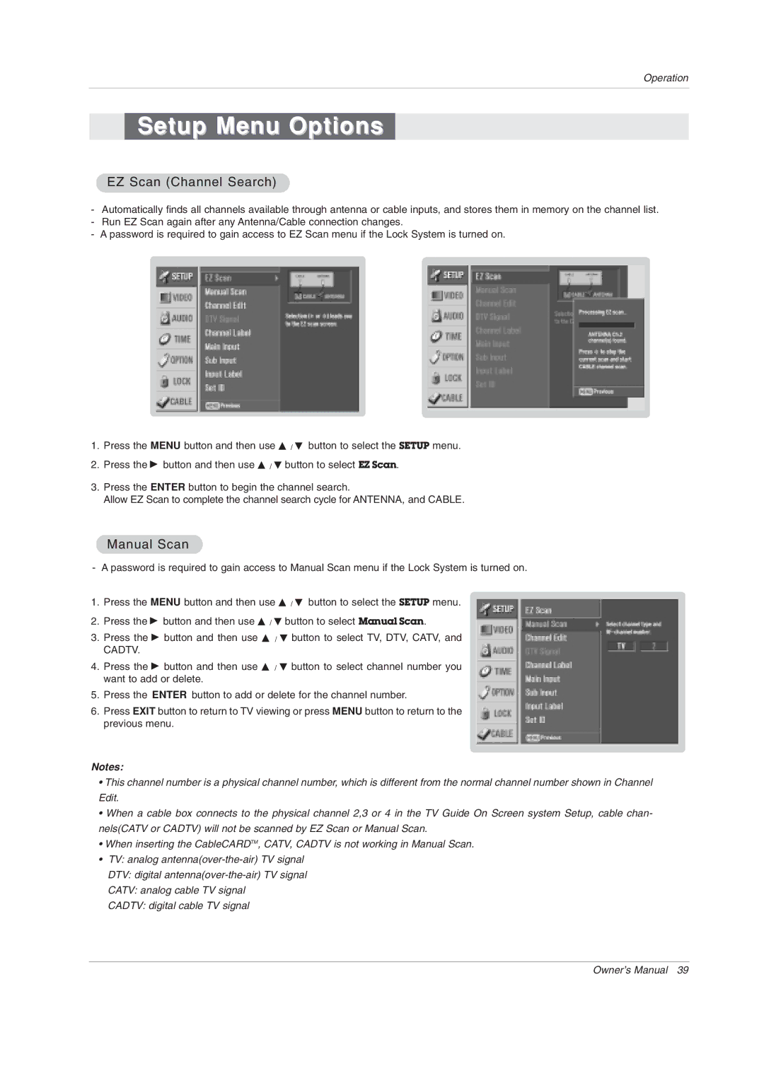 LG Electronics 50PX4DRH-UA, 50PY2DRH-UA, 60PY2DRH-UA owner manual Setup Menu Options, EZ Scan Channel Search, Manual Scan 