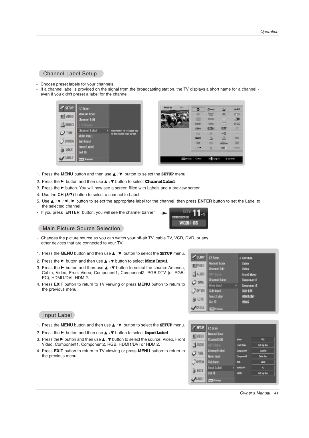 LG Electronics 60PY2DRH, 50PY2DRH-UA, 50PX4DRH-UA Channel Label Setup, Main Picture Source Selection, Input Label 