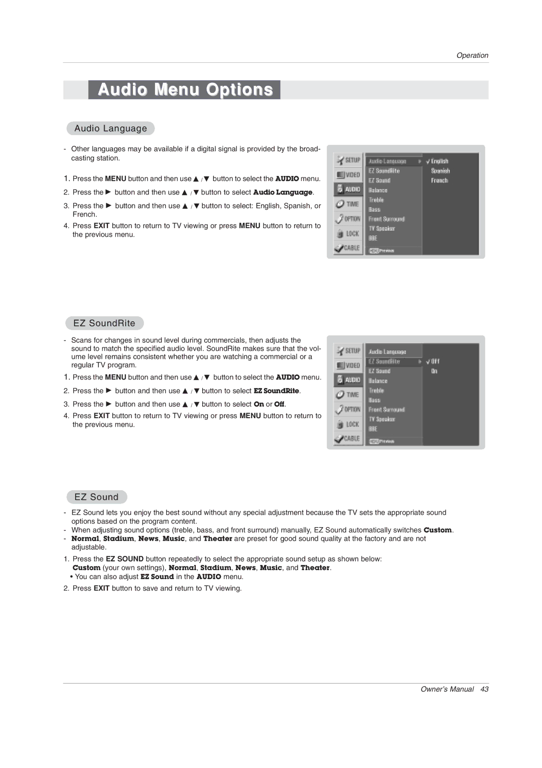 LG Electronics 50PY2DRH-UA, 50PX4DRH-UA, 60PY2DRH-UA owner manual Audio Menu Options, Audio Language, EZ SoundRite 