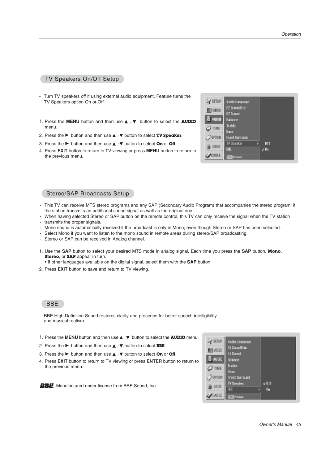 LG Electronics 50PX4DRH-UA, 50PY2DRH-UA, 60PY2DRH-UA owner manual TV Speakers On/Off Setup, Stereo/SAP Broadcasts Setup 