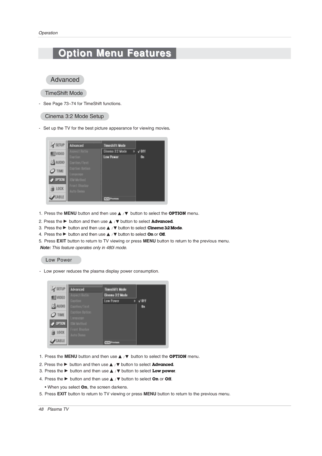 LG Electronics 50PY2DRH-UA, 50PX4DRH-UA, 60PY2DRH Option Menu Features, TimeShift Mode, Cinema 32 Mode Setup, Low Power 