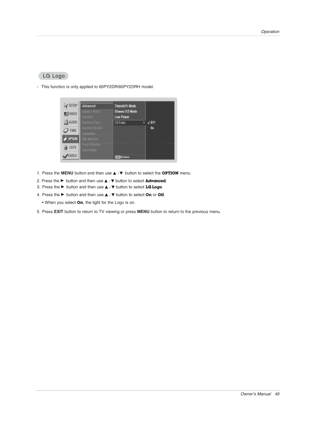 LG Electronics 50PY2DRH-UA, 50PX4DRH-UA, 60PY2DRH-UA owner manual LG Logo 