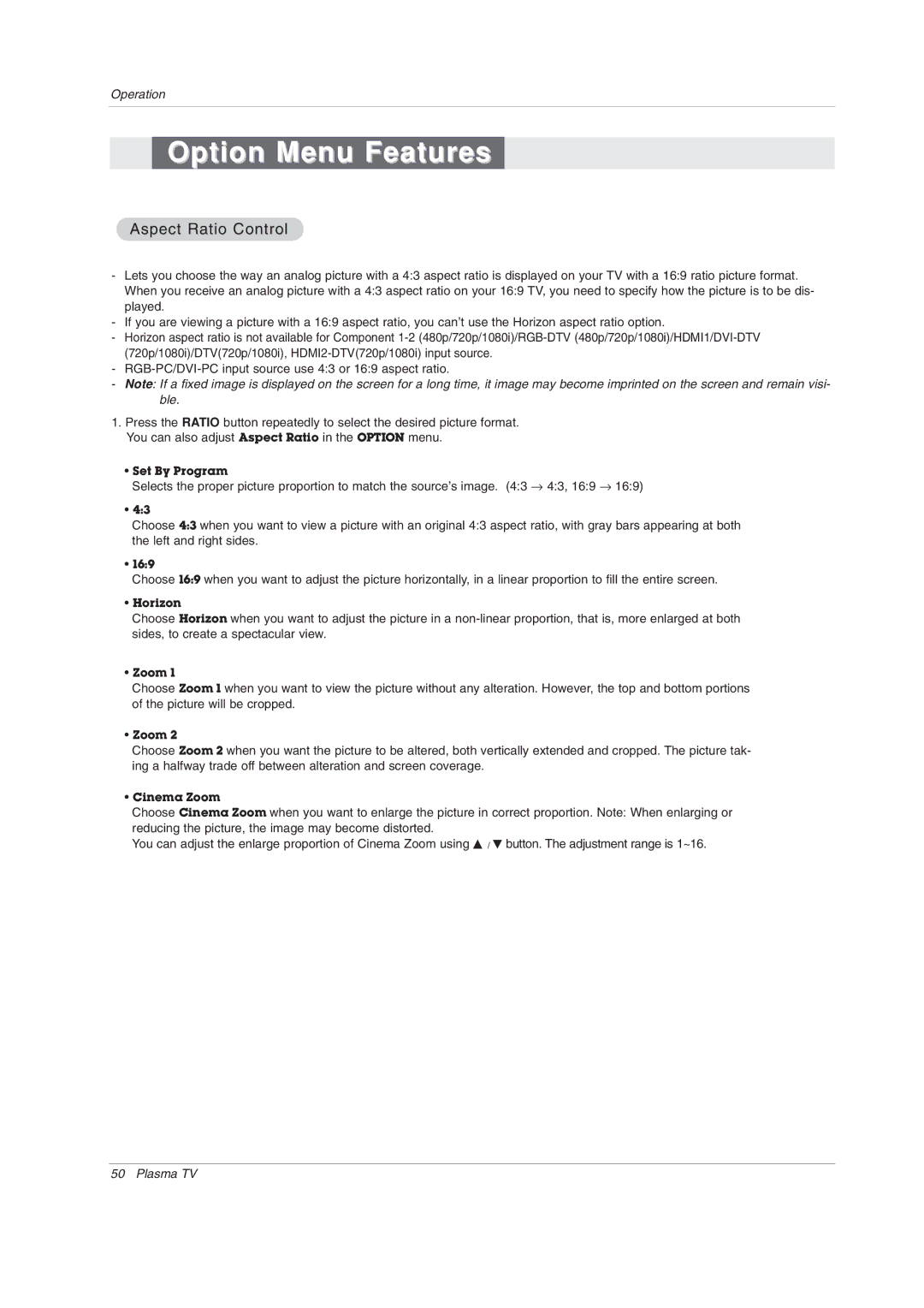 LG Electronics 50PY2DRH-UA, 50PX4DRH-UA, 60PY2DRH-UA owner manual Aspect Ratio Control 