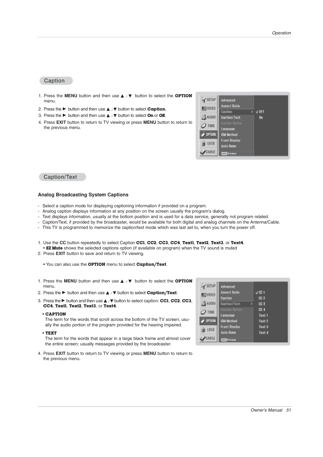 LG Electronics 50PX4DRH-UA, 50PY2DRH-UA, 60PY2DRH-UA owner manual Caption/Text, Analog Broadcasting System Captions 