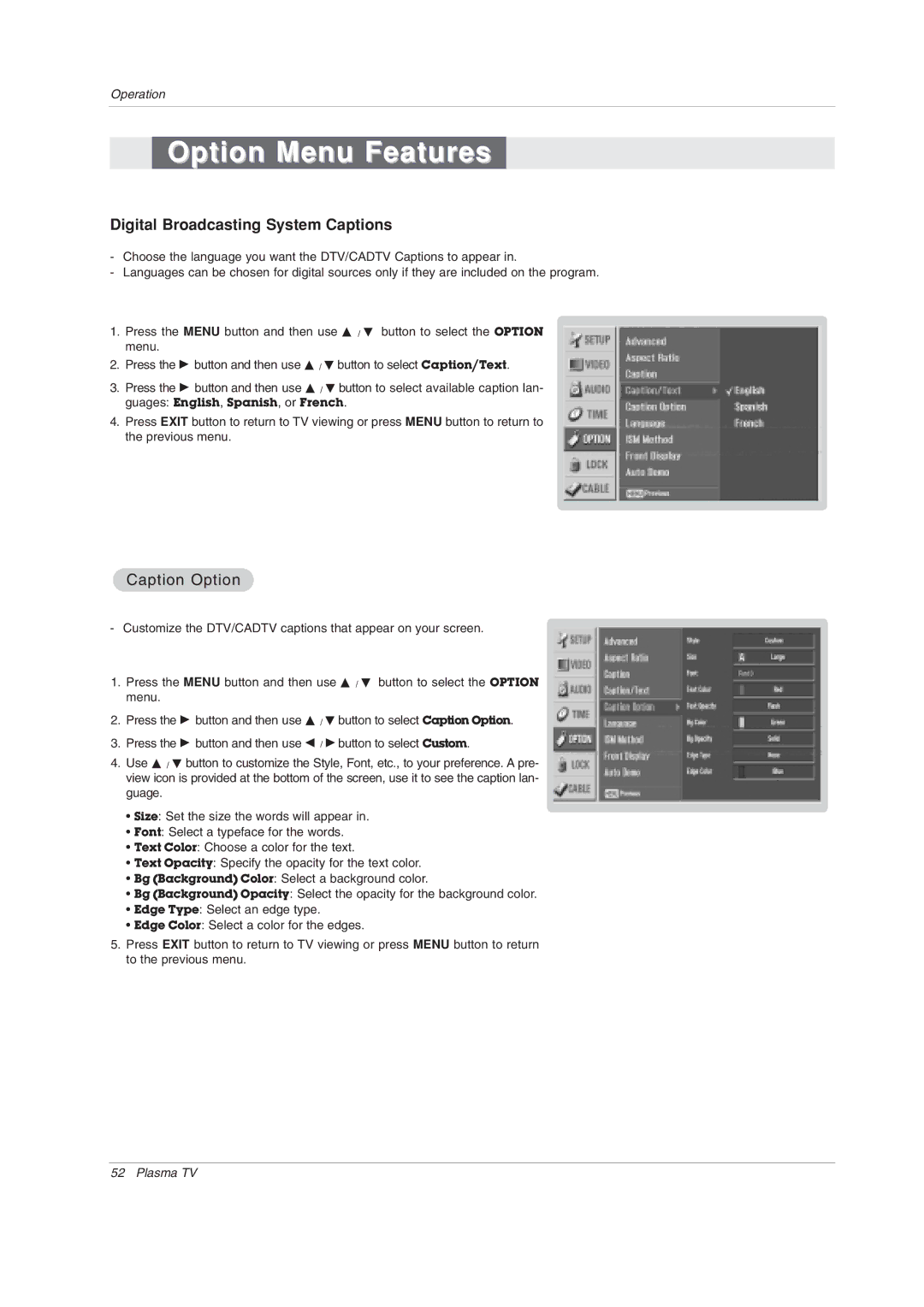 LG Electronics 60PY2DRH-UA, 50PY2DRH-UA, 50PX4DRH-UA owner manual Digital Broadcasting System Captions, Caption Option 