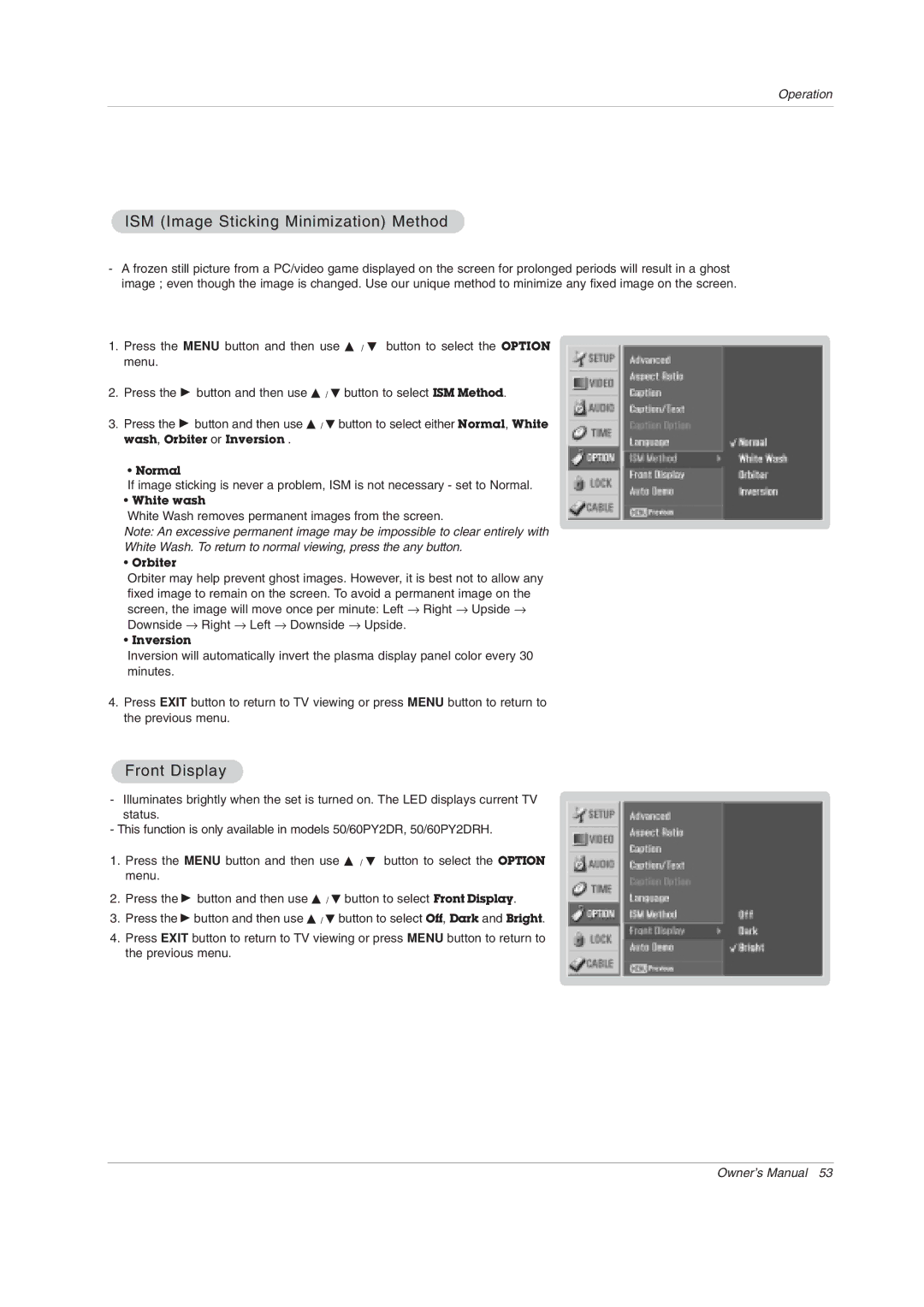 LG Electronics 50PY2DRH-UA, 50PX4DRH-UA, 60PY2DRH-UA owner manual ISM Image Sticking Minimization Method, Front Display 