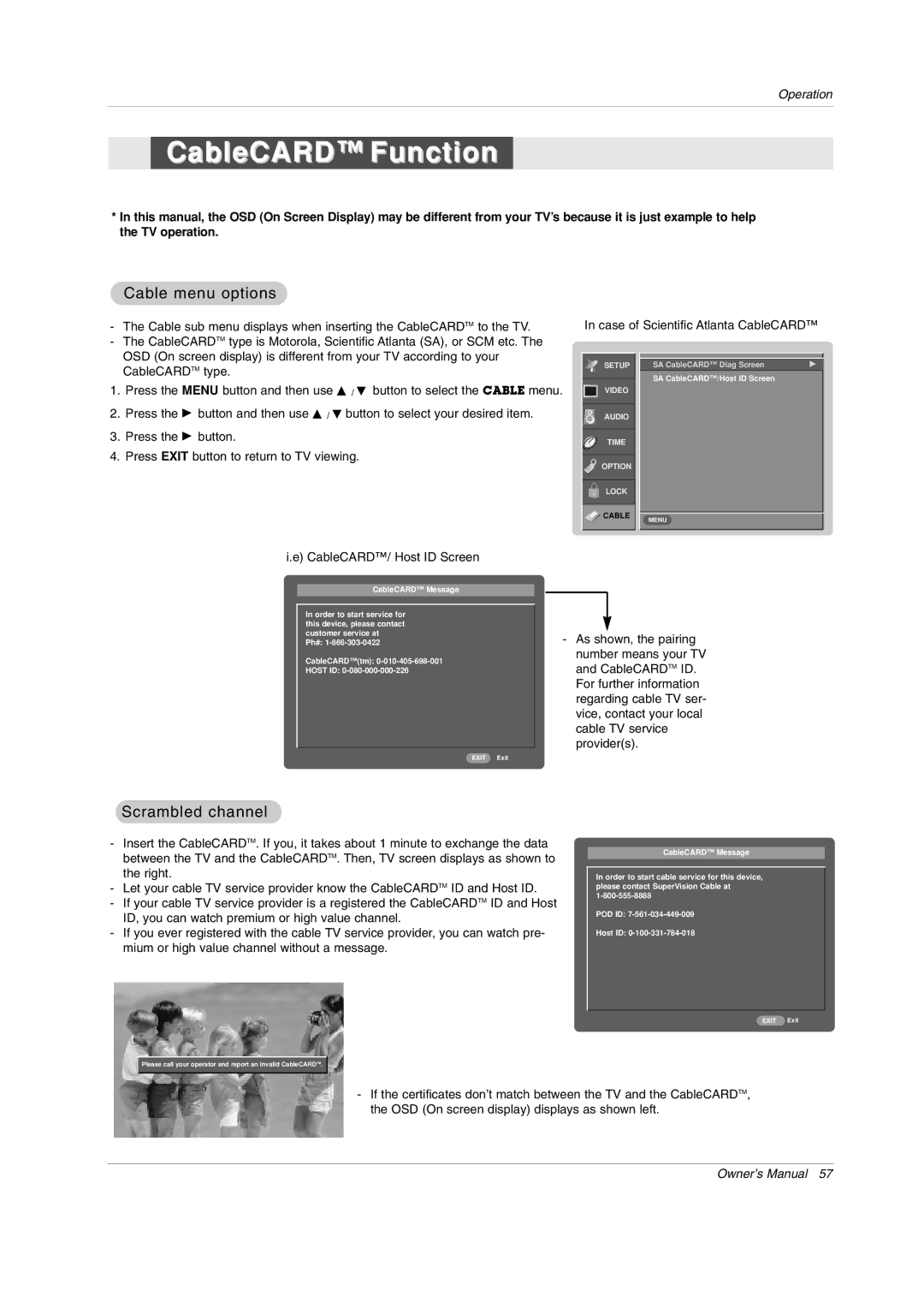 LG Electronics 50PX4DRH-UA, 50PY2DRH-UA, 60PY2DRH-UA owner manual CableCARD Function, Cable menu options, Scrambled channel 