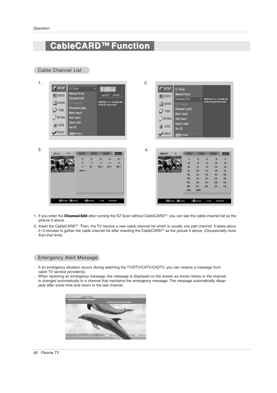 LG Electronics 60PY2DRH-UA, 50PY2DRH-UA, 50PX4DRH-UA owner manual Cable Channel List, Emergency Alert Message 