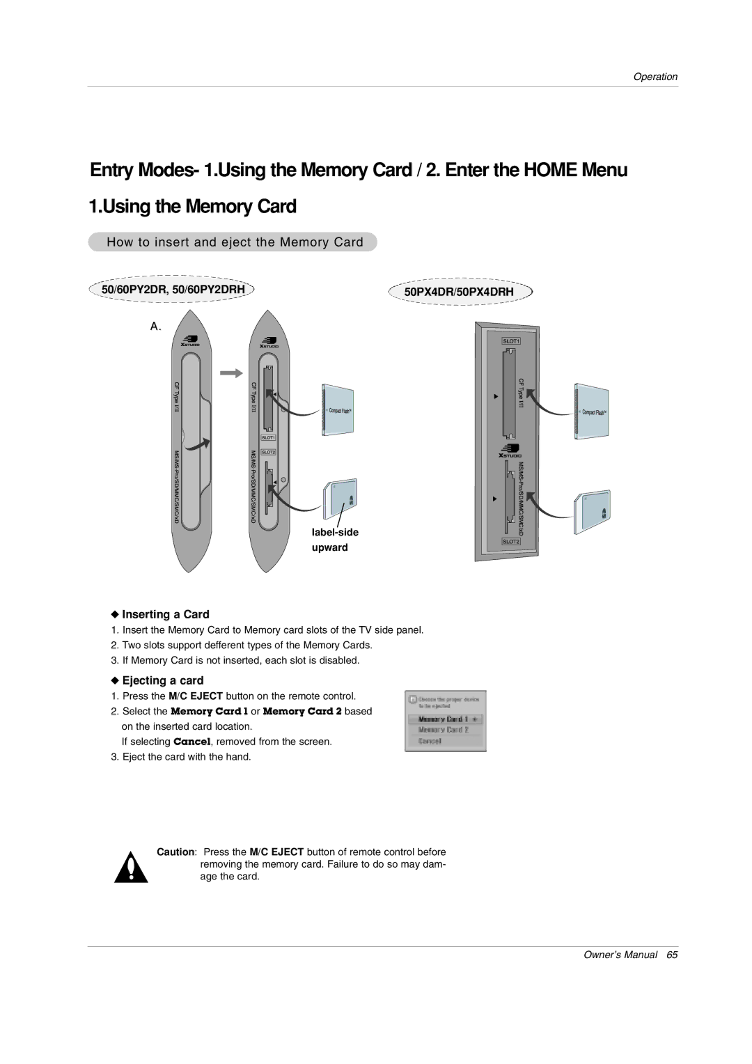 LG Electronics 60PY2DRH How to insert and eject the Memory Card, Inserting a Card, Ejecting a card, Label-side Upward 