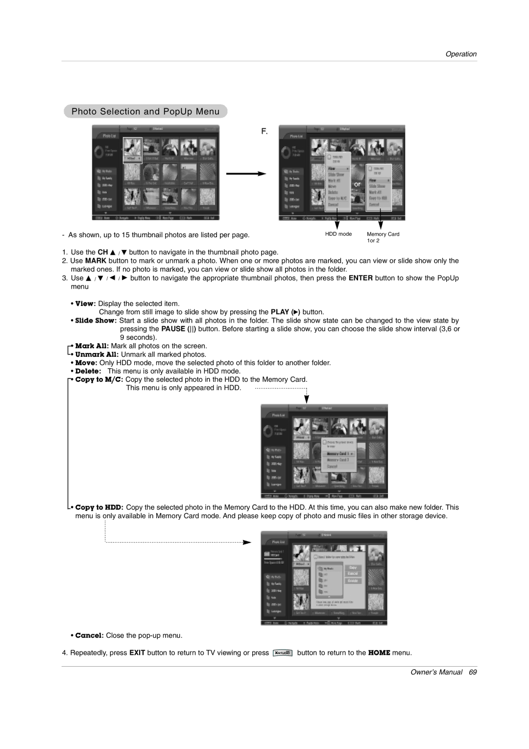 LG Electronics 50PX4DRH-UA, 50PY2DRH-UA, 60PY2DRH-UA owner manual Photo Selection and PopUp Menu 