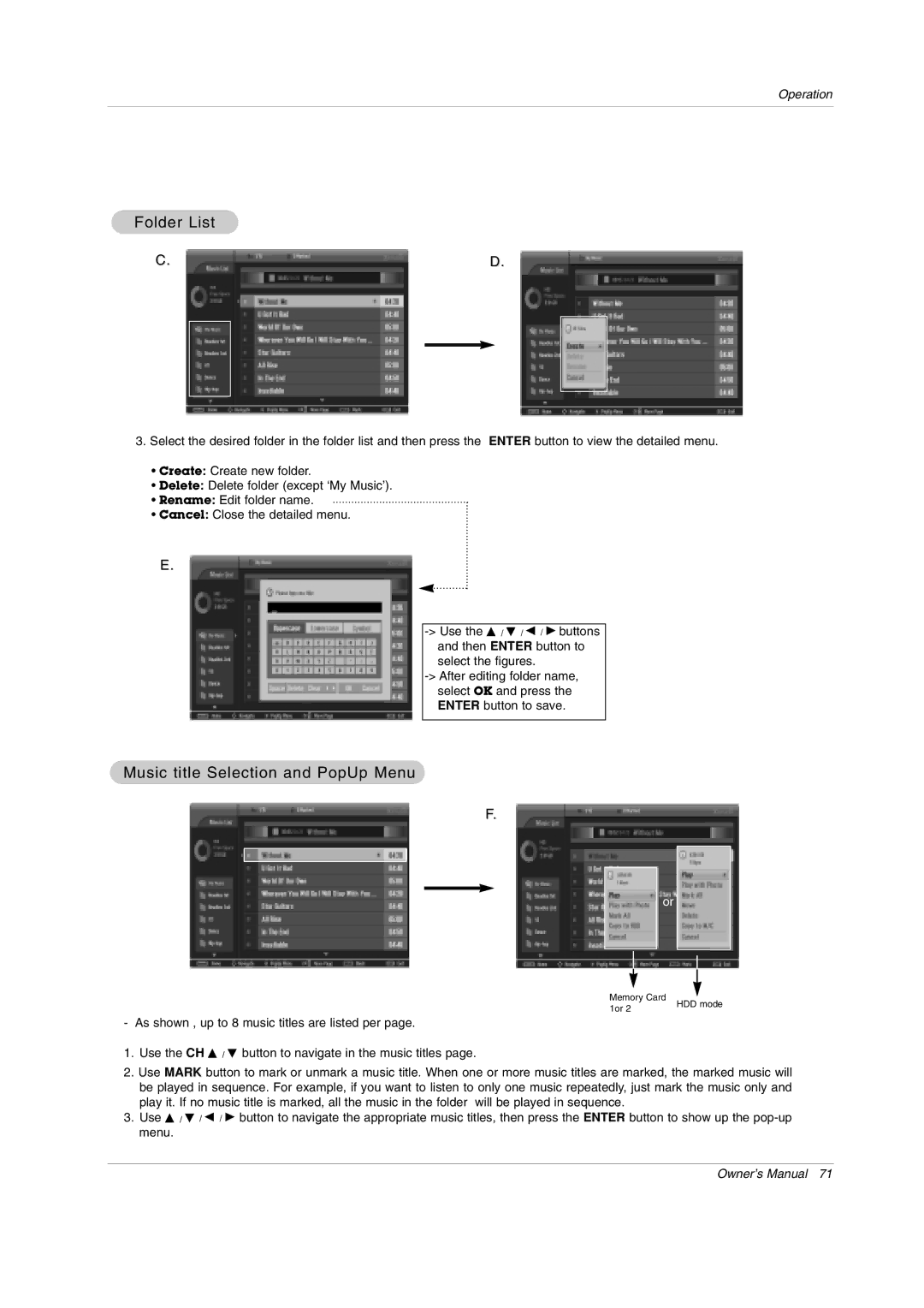 LG Electronics 50PY2DRH-UA, 50PX4DRH-UA, 60PY2DRH-UA owner manual Folder List, Music title Selection and PopUp Menu 