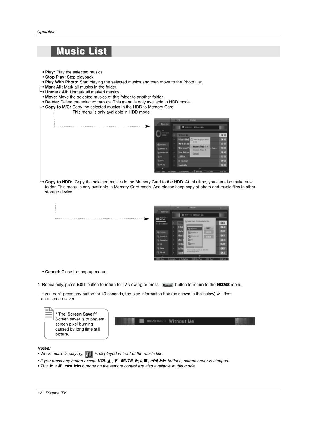 LG Electronics 50PY2DRH-UA, 50PX4DRH-UA, 60PY2DRH-UA owner manual Music List 