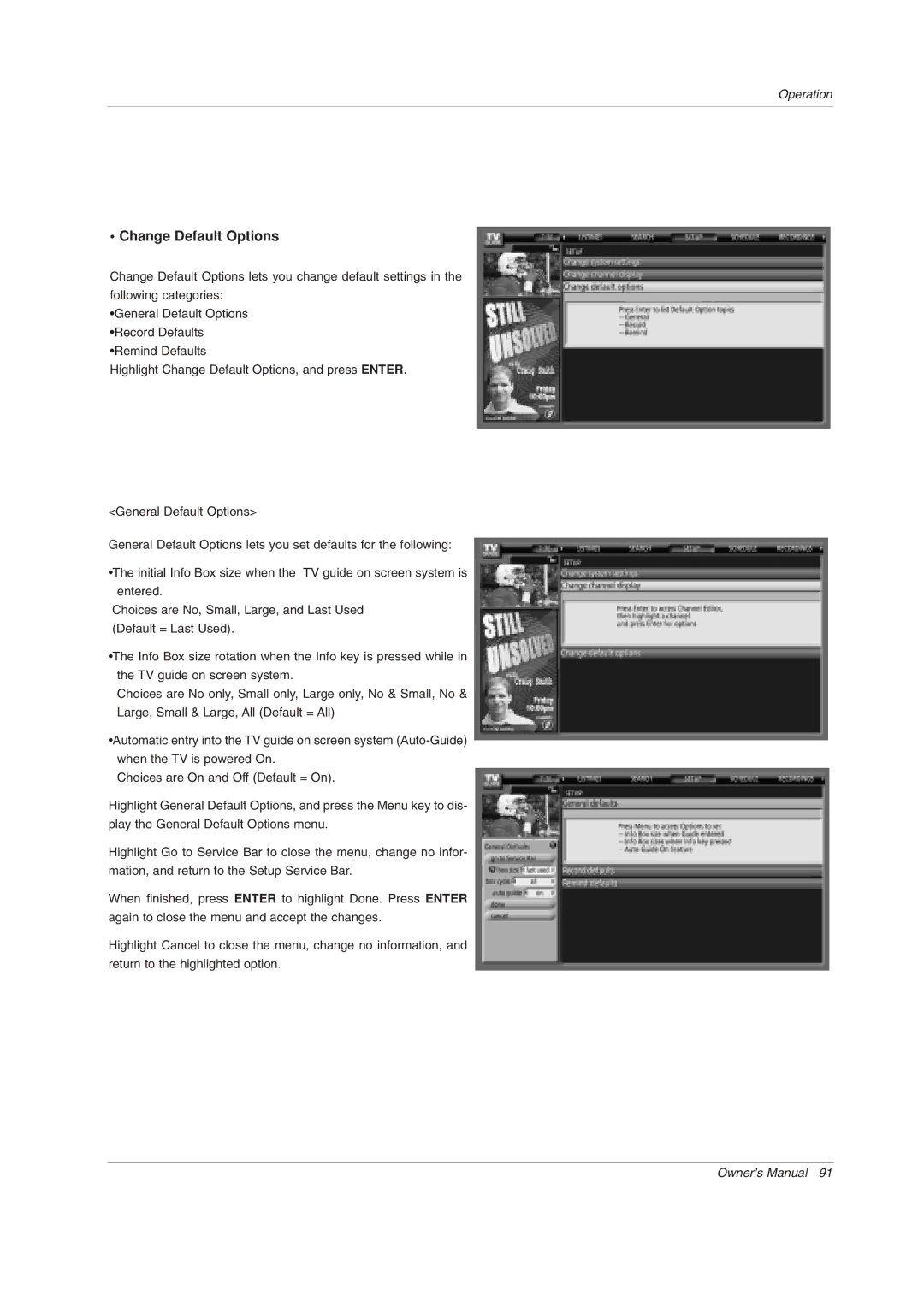 LG Electronics 50PY2DRH-UA, 50PX4DRH-UA, 60PY2DRH-UA owner manual Change Default Options 