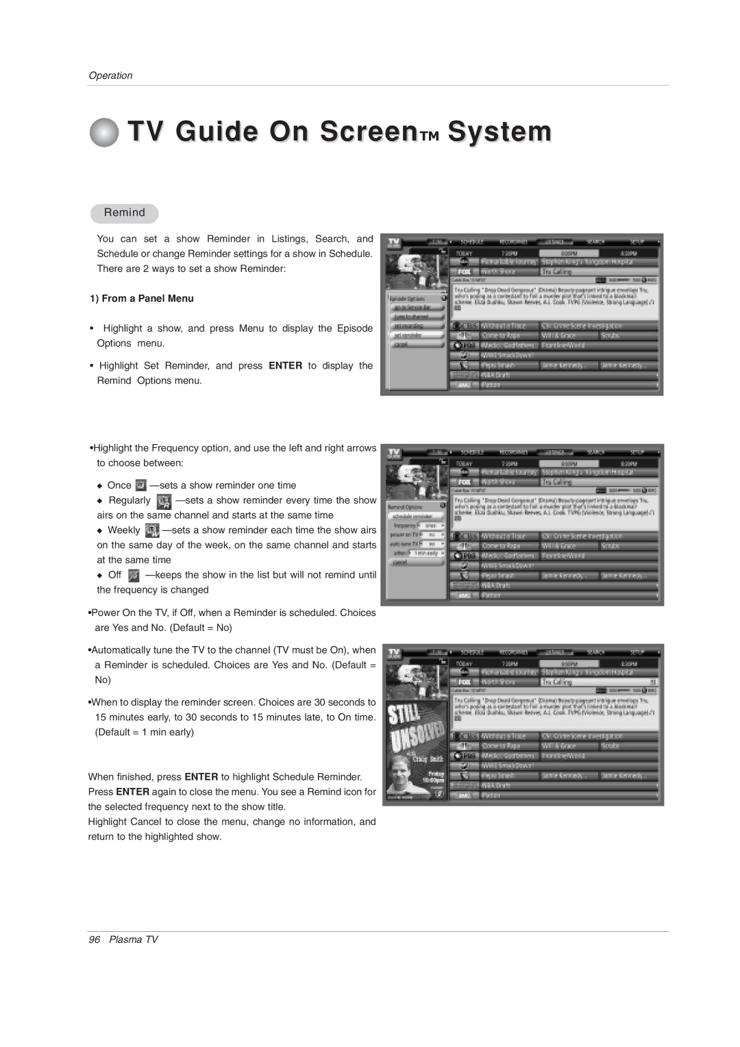 LG Electronics 50PY2DRH-UA, 50PX4DRH-UA, 60PY2DRH-UA owner manual Remind, From a Panel Menu 