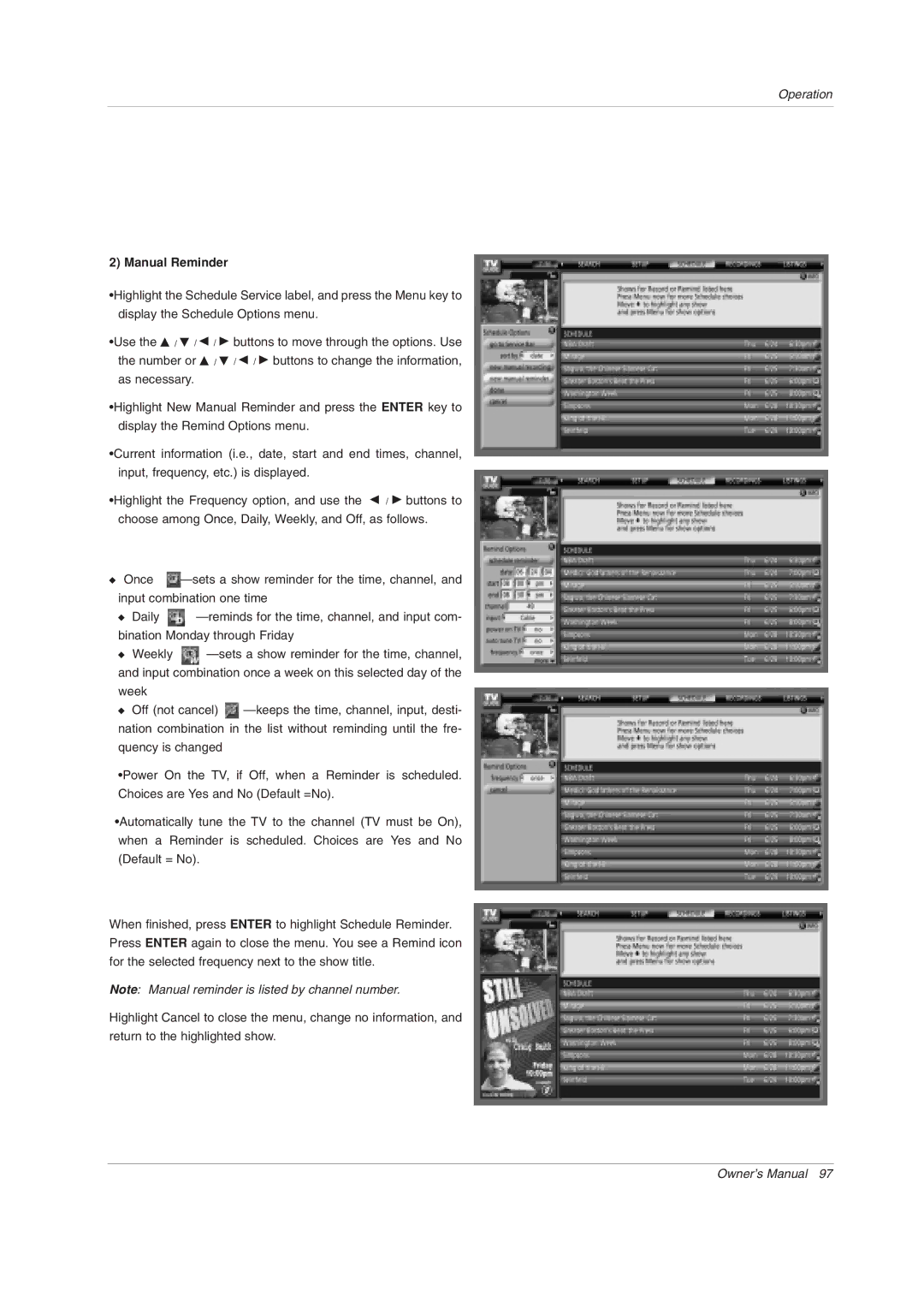 LG Electronics 50PY2DRH-UA, 50PX4DRH-UA, 60PY2DRH-UA owner manual Manual Reminder 