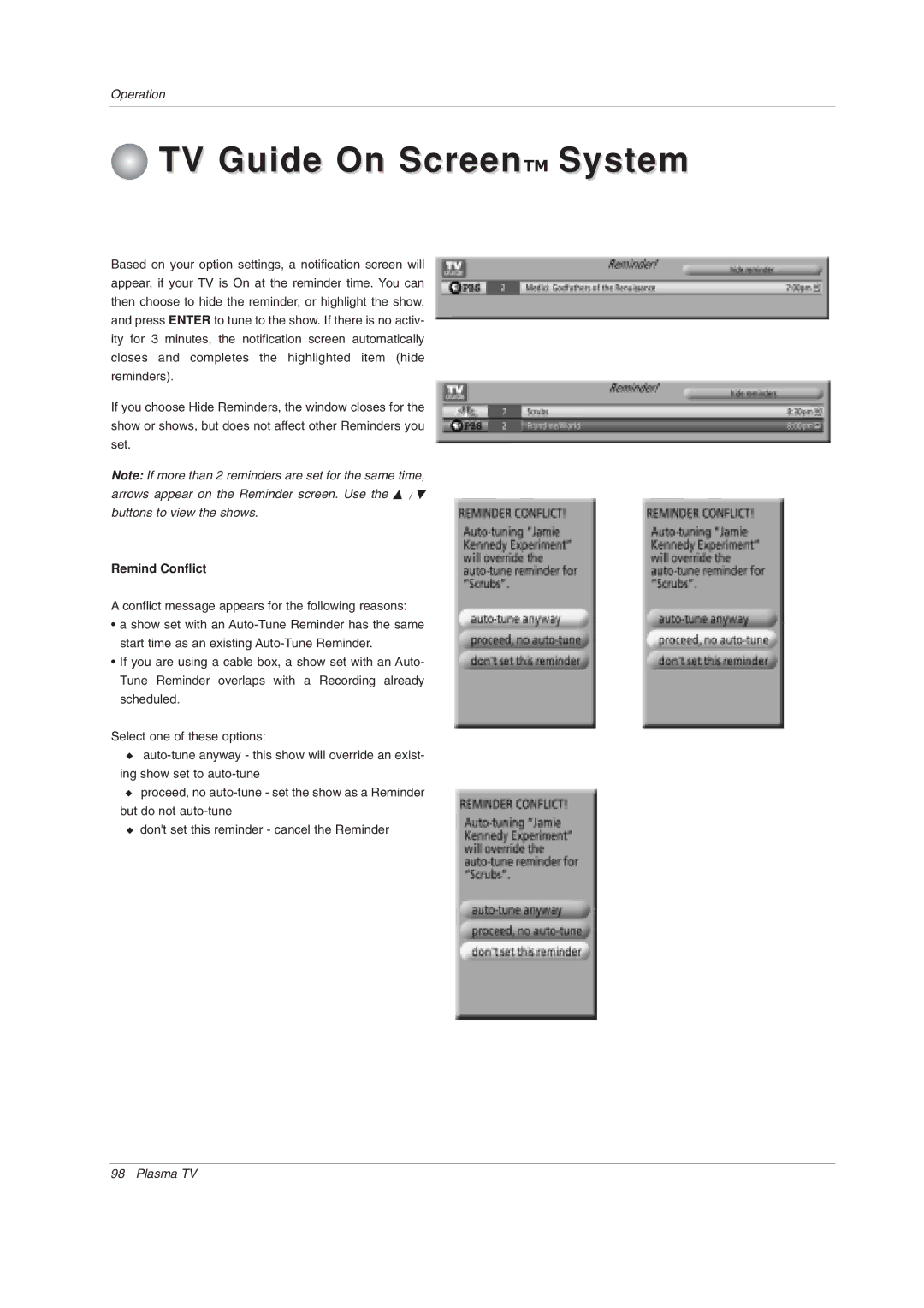 LG Electronics 50PY2DRH-UA, 50PX4DRH-UA, 60PY2DRH-UA owner manual Remind Conflict 