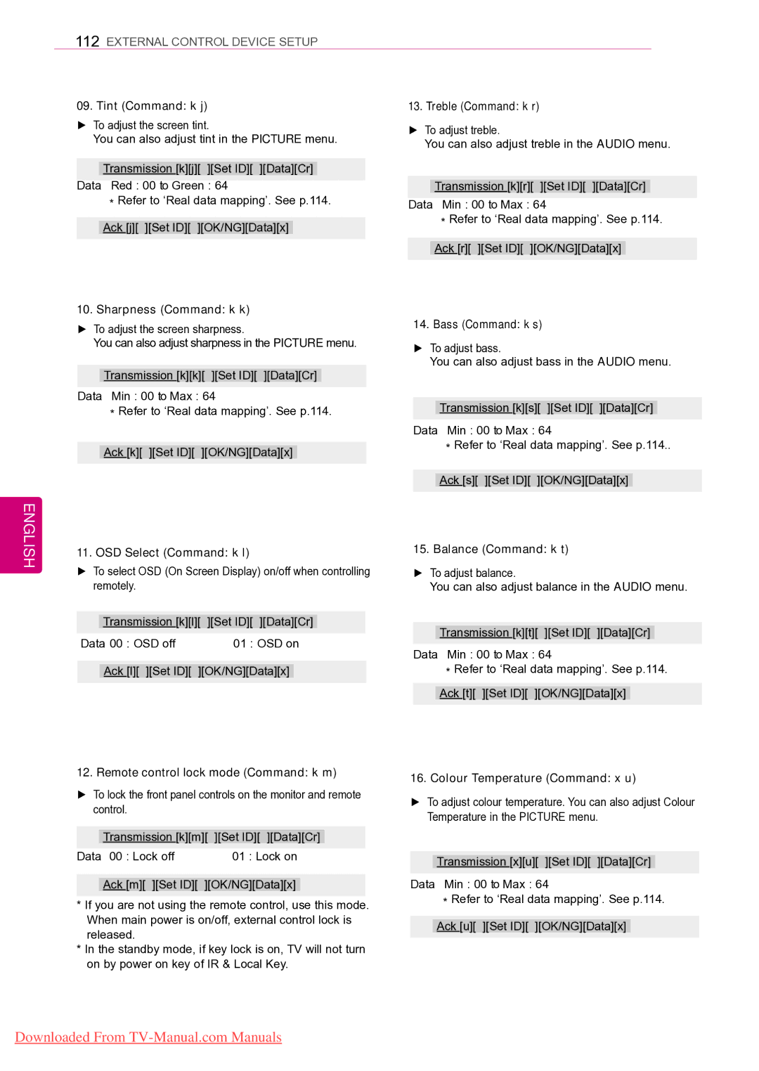 LG Electronics 42PT25**, 50PZ55** Tint Command k j Treble Command k r, Sharpness Command k k, OSD Select Command k l 