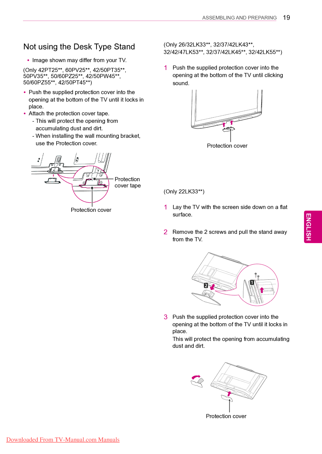 LG Electronics 60PZ25**, 50PZ55**, 50PZ25**, 42PT25**, 42/50PW45**, 42/50PT35**, 42/50PT45** Not using the Desk Type Stand 