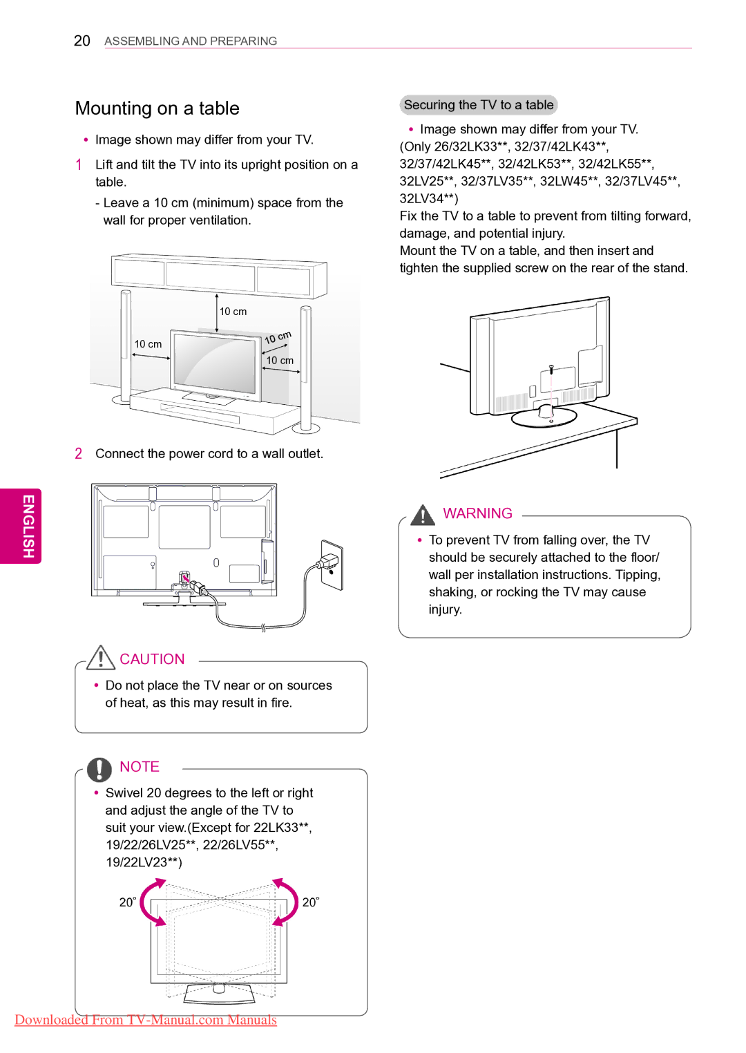 LG Electronics 50PZ55**, 50PZ25**, 42PT25**, 42/50PW45** Mounting on a table, Connect the power cord to a wall outlet 