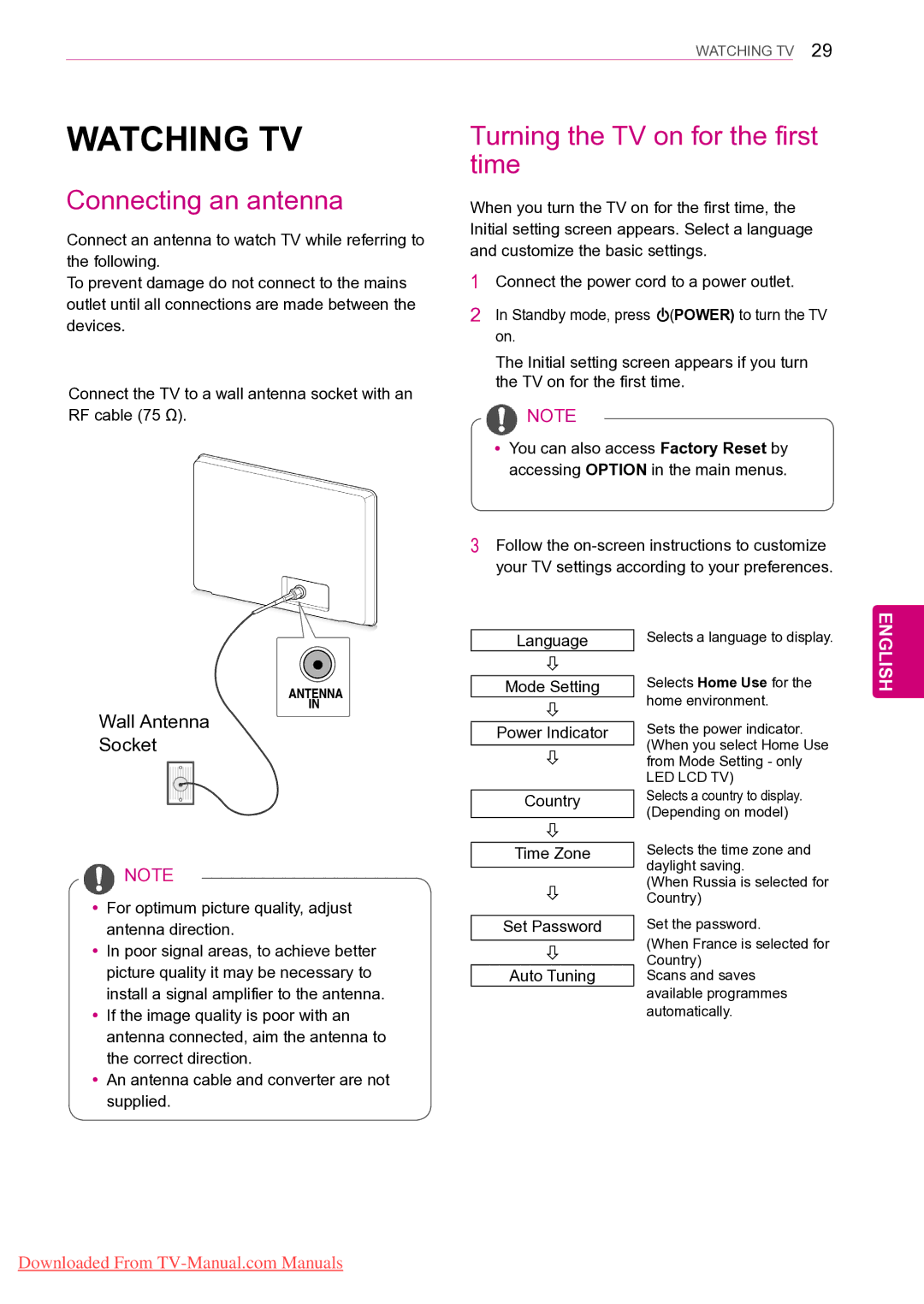 LG Electronics 60PZ25**, 50PZ55** Watching TV, Connecting an antenna, Turning the TV on for the first time, Language 