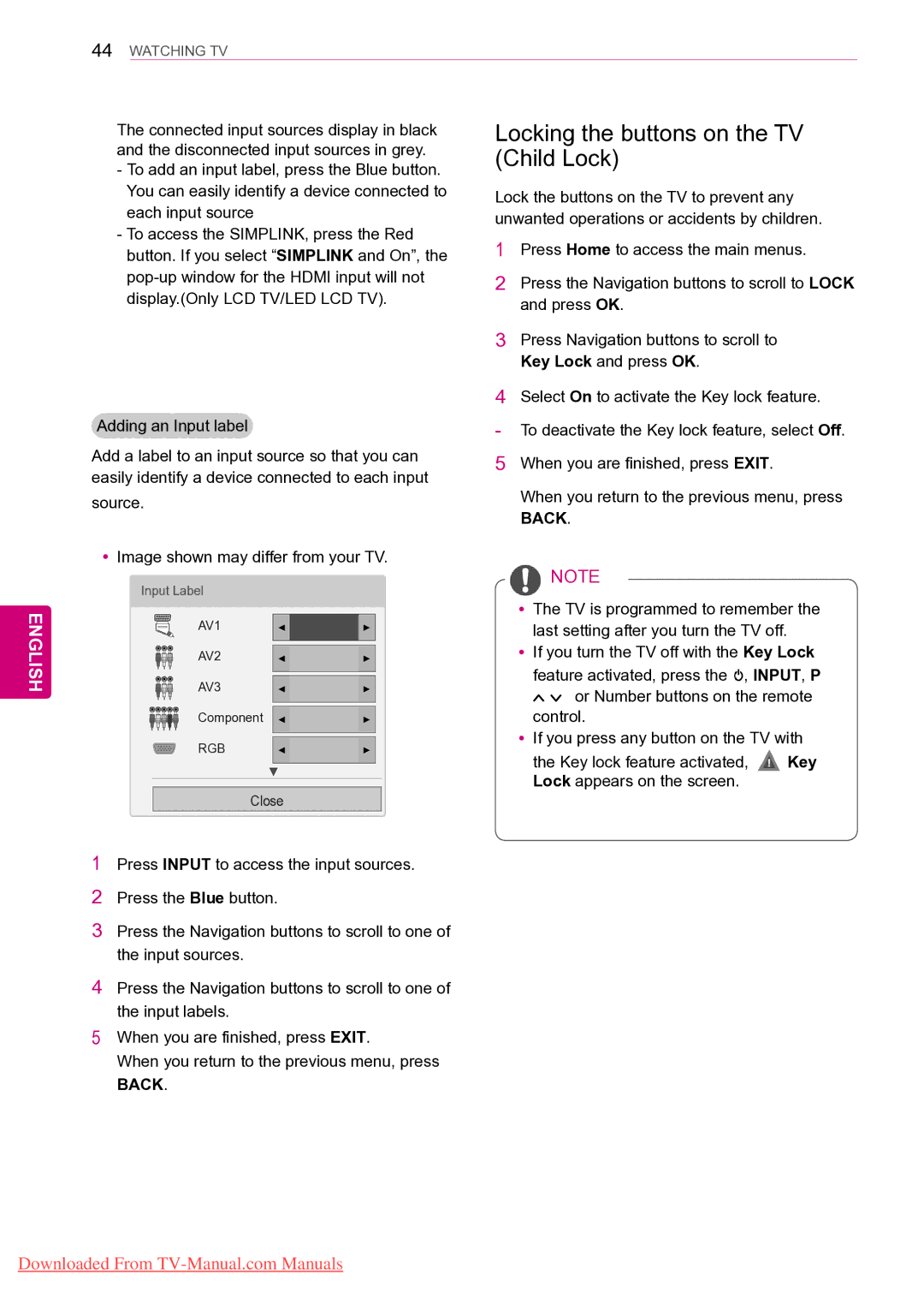 LG Electronics 42/50PT35**, 50PZ55**, 50PZ25**, 42PT25** Locking the buttons on the TV, Child Lock, Key Lock and press OK 