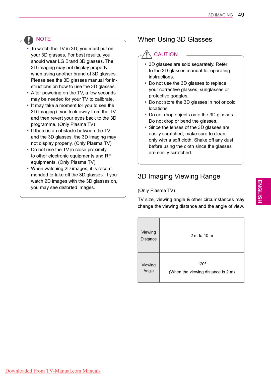 LG Electronics 60PZ25**, 50PZ55** When Using 3D Glasses, 3D Imaging Viewing Range, YyIt may take a moment for you to see 