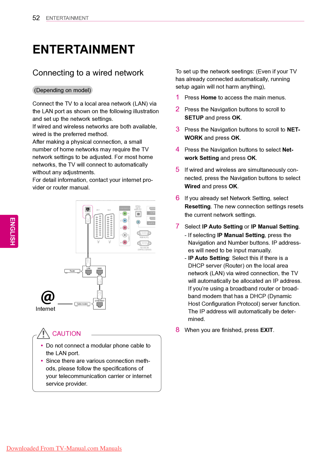 LG Electronics 42PT25** Entertainment, Connecting to a wired network, Select IP Auto Setting or IP Manual Setting 