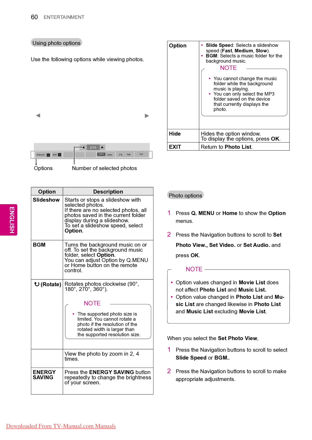 LG Electronics 50PZ55**, 50PZ25**, 42PT25**, 42/50PW45**, 42/50PT35**, 50PV35** Hide, Option Description Slideshow, Rotate 