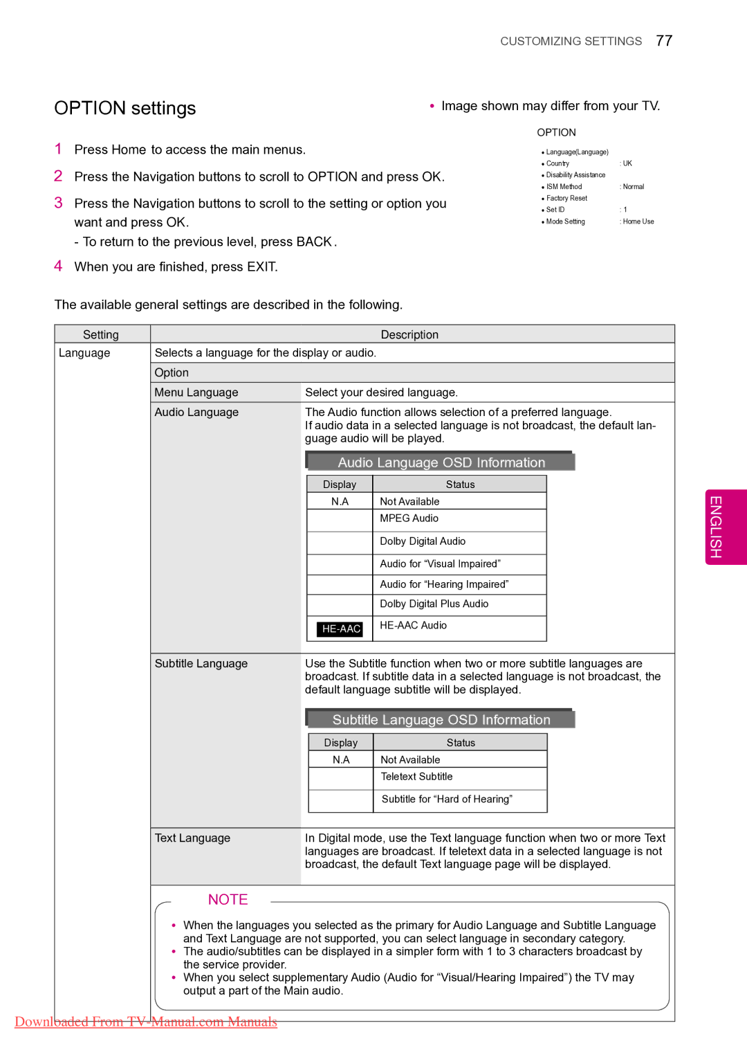 LG Electronics 60PV25**, 50PZ55** Available general settings are described in the following, Setting Description Language 