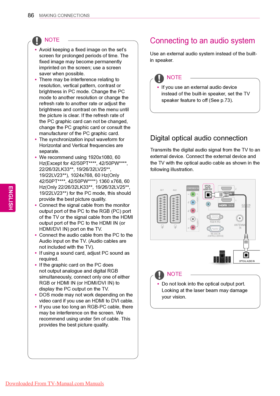 LG Electronics 50PV35**, 50PZ55**, 50PZ25**, 42PT25** Connecting to an audio system, Digital optical audio connection 