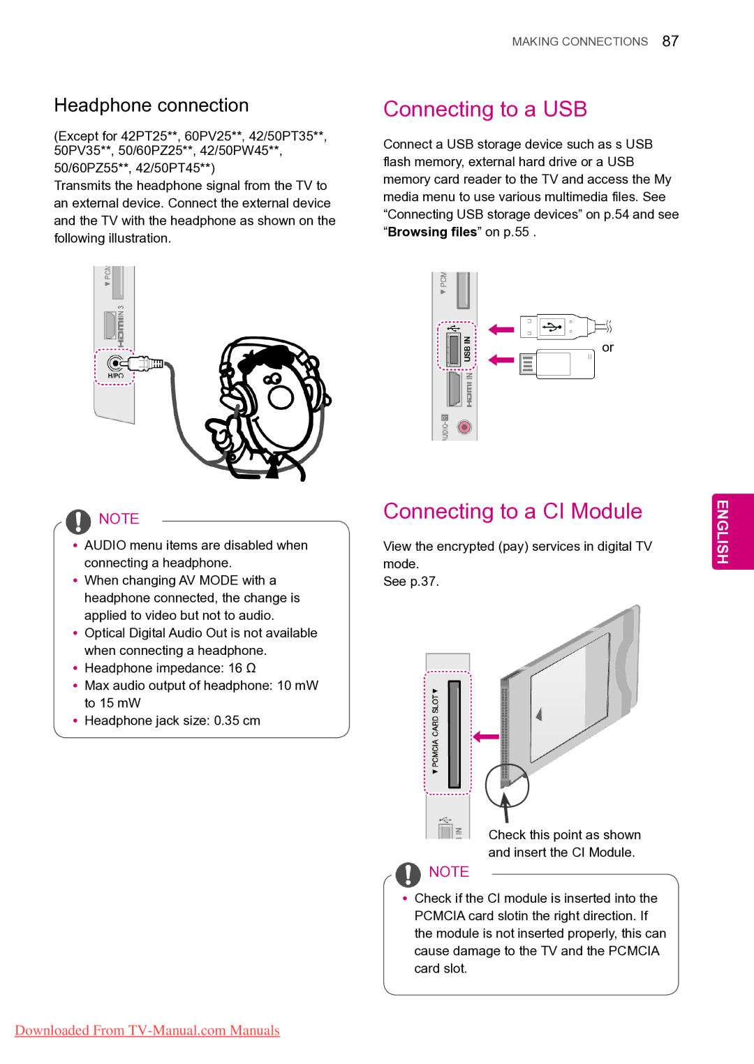 LG Electronics 60PV25**, 50PZ55**, 50PZ25**, 42PT25** Connecting to a USB, Connecting to a CI Module, Headphone connection 