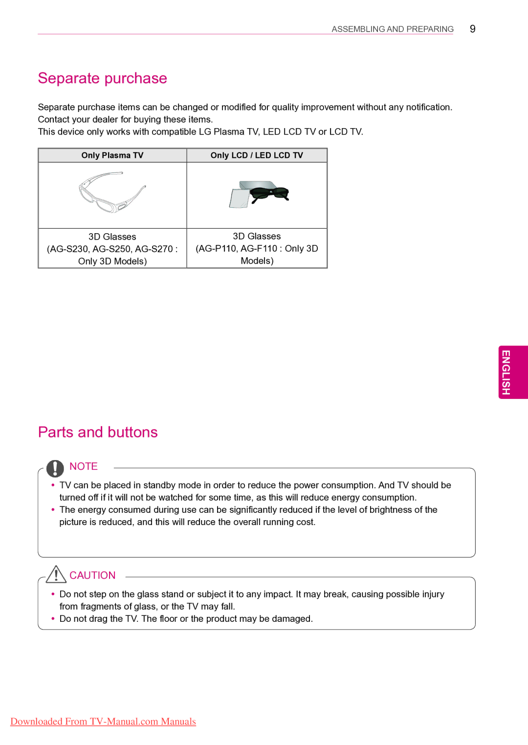 LG Electronics 60PZ25**, 50PZ55**, 50PZ25** Separate purchase, Parts and buttons, Only Plasma TV Only LCD / LED LCD TV 