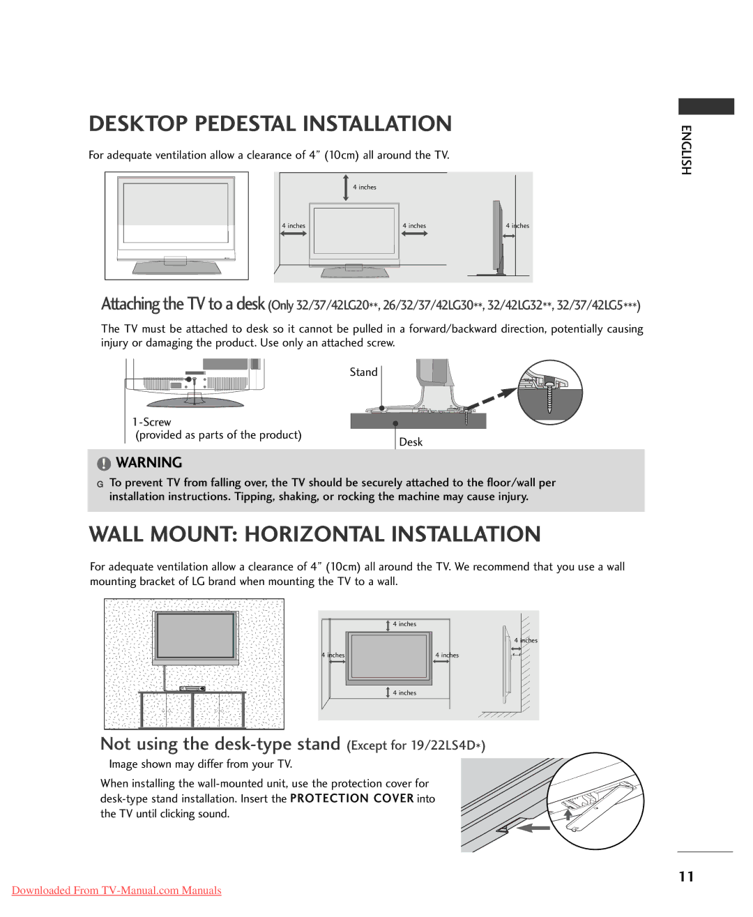 LG Electronics 52 2L LG G5 50 owner manual Desktop Pedestal Installation 