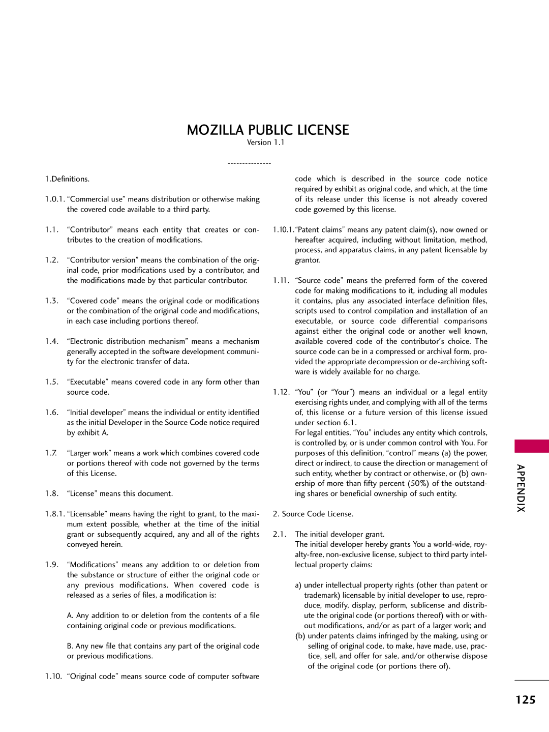 LG Electronics 4750DC, 5250DC owner manual Mozilla Public License 