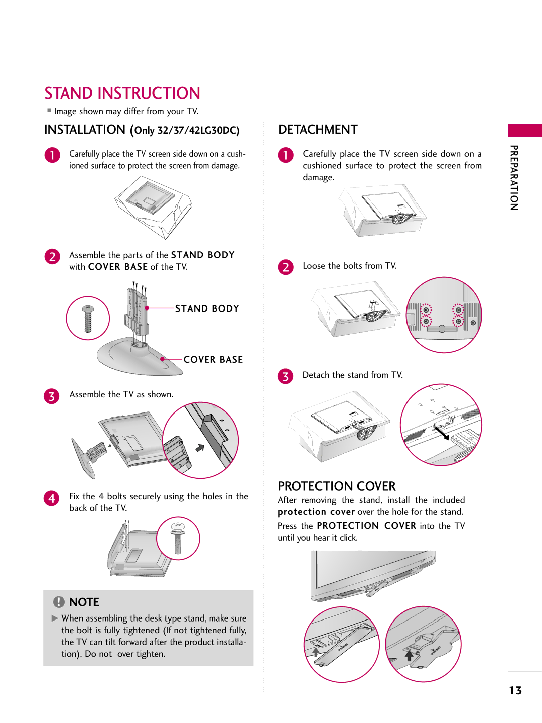 LG Electronics 4750DC, 5250DC owner manual Stand Instruction, Stand Body Cover Base, Assemble the TV as shown 