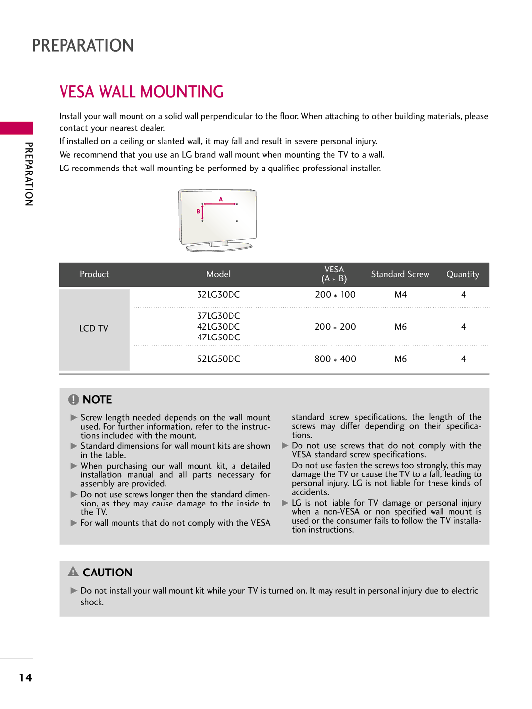 LG Electronics 5250DC, 4750DC owner manual Vesa Wall Mounting, 200, Lcd Tv 