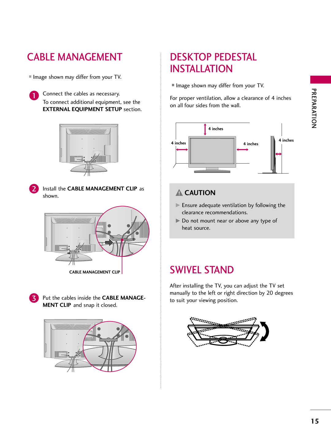 LG Electronics 4750DC, 5250DC owner manual Cable Management, Desktop Pedestal Installation, Swivel Stand 