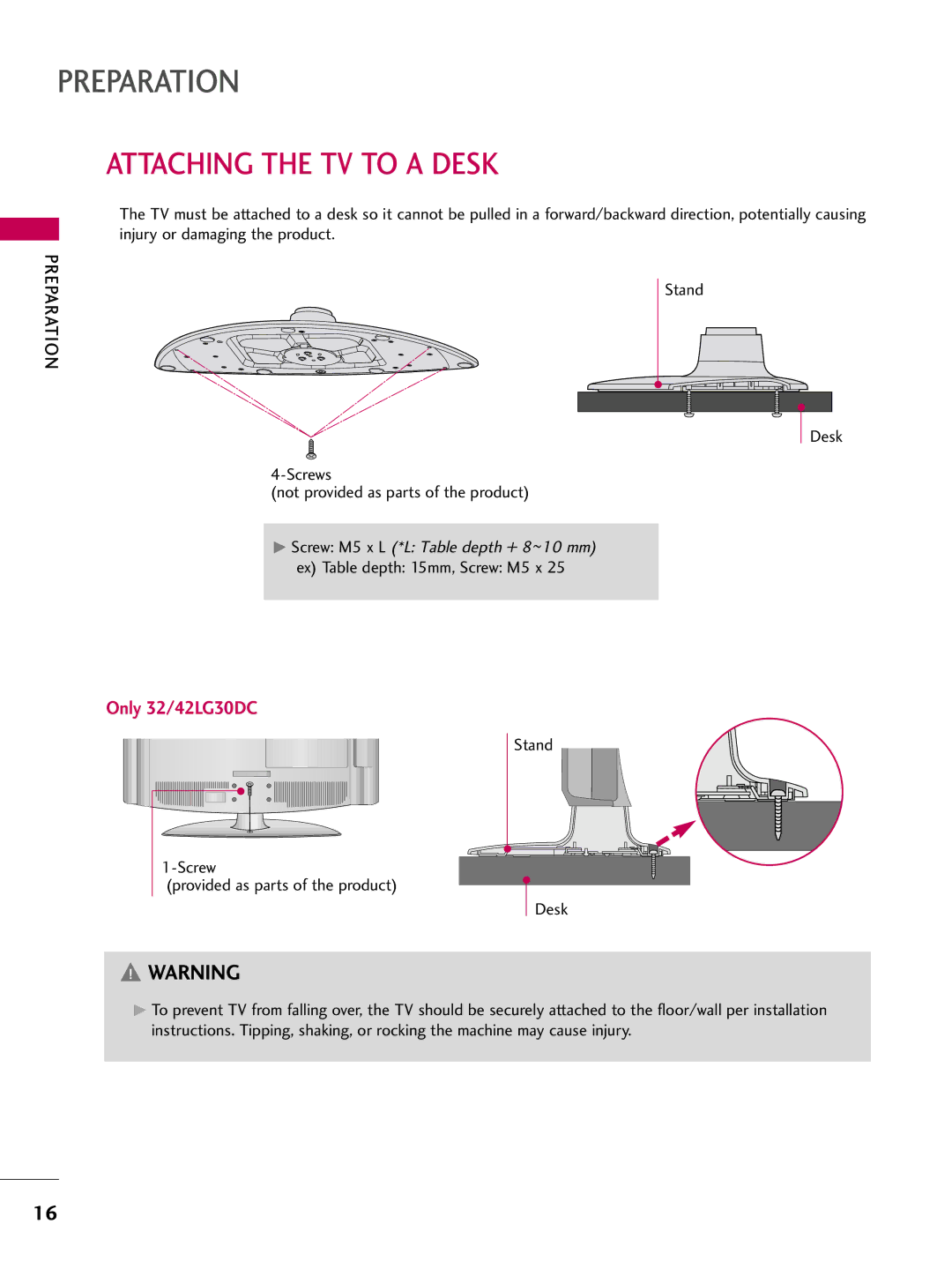 LG Electronics 5250DC, 4750DC owner manual Attaching the TV to a Desk, Only 32/42LG30DC 